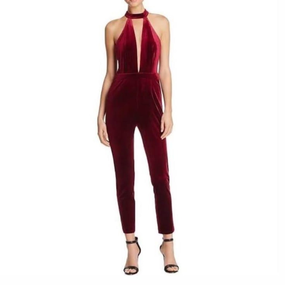 Sunset + Spring Jumpsuit Womens XS Burgundy Velvet Holiday Party Christmas NYE